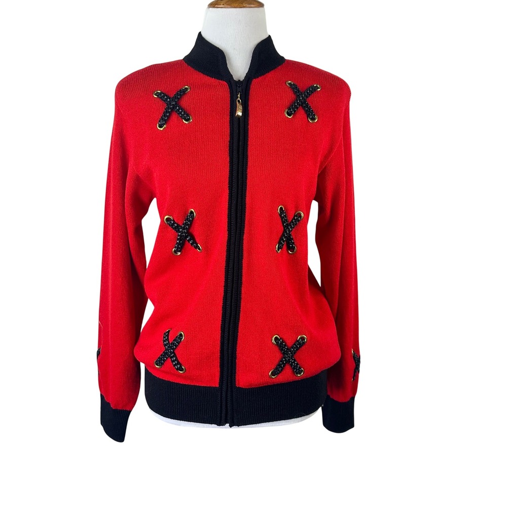 Alnoral Wool Blend Knit Zip Bomber Cardigan Grommet Detail Red Vintage‎ Womens S